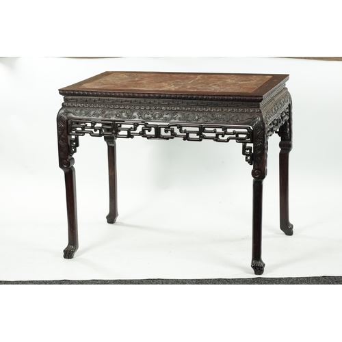 107 - A FINE 19TH CENTURY CHINESE CARVED HARDWOOD CENTRE TABLE the plain rectangular top enclosing a stria... 