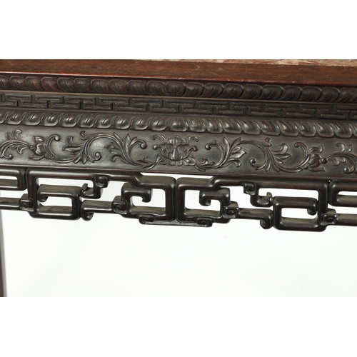 107 - A FINE 19TH CENTURY CHINESE CARVED HARDWOOD CENTRE TABLE the plain rectangular top enclosing a stria... 