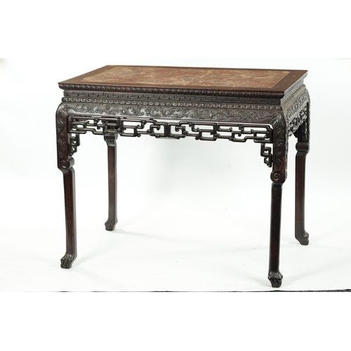 107 - A FINE 19TH CENTURY CHINESE CARVED HARDWOOD CENTRE TABLE the plain rectangular top enclosing a stria... 