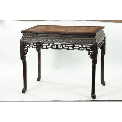 107 - A FINE 19TH CENTURY CHINESE CARVED HARDWOOD CENTRE TABLE the plain rectangular top enclosing a stria... 