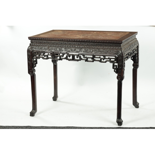 107 - A FINE 19TH CENTURY CHINESE CARVED HARDWOOD CENTRE TABLE the plain rectangular top enclosing a stria... 