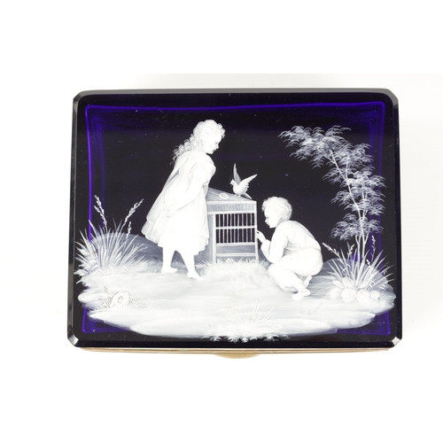 12 - A 19TH CENTURY BRISTOL BLUE MARY GREGORY GLASS JEWELLERY CASKET with white enamel figural scene to t... 