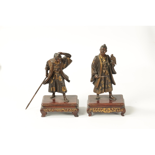 120 - A FINE QUALITY PAIR OF JAPANESE MEIJI PERIOD PATINATED BRONZE AND GILT SCULPTURES BY MIYAO modelled ... 