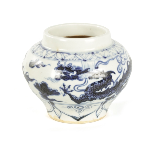 123 - A CHINESE BLUE AND WHITE SHOULDERED VASE OF MING DESIGN with dragon and cloud decoration to the body... 