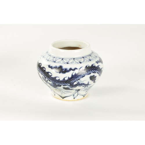 123 - A CHINESE BLUE AND WHITE SHOULDERED VASE OF MING DESIGN with dragon and cloud decoration to the body... 