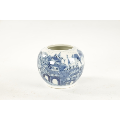 128 - A 19TH CENTURY CHINESE BLUE AND WHITE BULBOUS POT decorated with pagodas and mount rain landscape - ... 