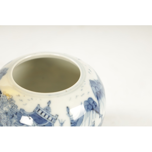 128 - A 19TH CENTURY CHINESE BLUE AND WHITE BULBOUS POT decorated with pagodas and mount rain landscape - ... 