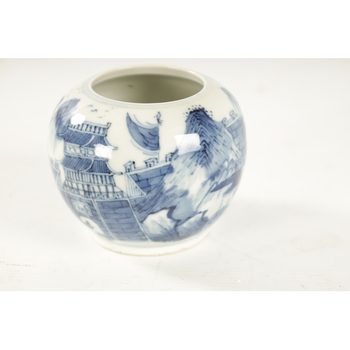 128 - A 19TH CENTURY CHINESE BLUE AND WHITE BULBOUS POT decorated with pagodas and mount rain landscape - ... 