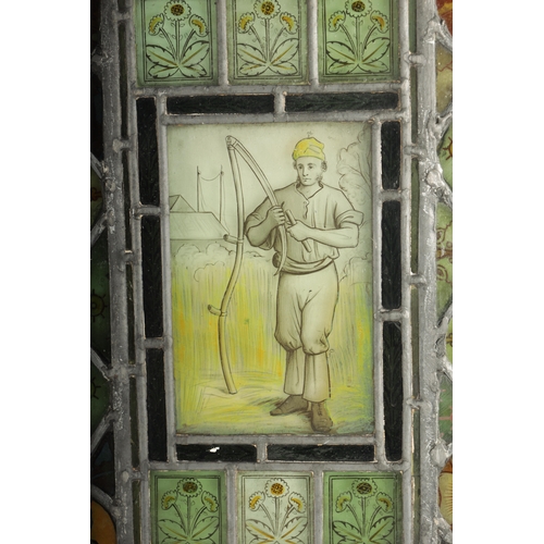 13 - A SET OF THREE 19TH-CENTURY STAINED GLASS WINDOWS having etched figural panels TOGETHER WITH A 19TH ... 