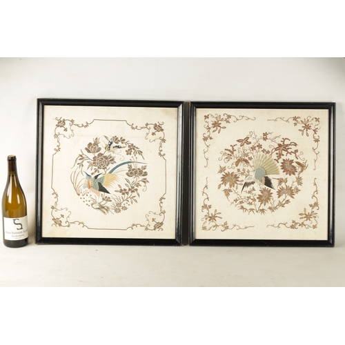 135 - A PAIR OF 19TH CENTURY CHINESE SILK EMBROIDERED PICTURES with ornamental bird and flowering foliage ... 