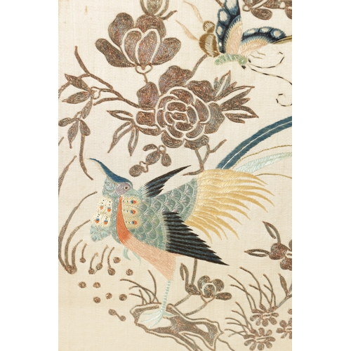 135 - A PAIR OF 19TH CENTURY CHINESE SILK EMBROIDERED PICTURES with ornamental bird and flowering foliage ... 