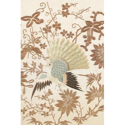 135 - A PAIR OF 19TH CENTURY CHINESE SILK EMBROIDERED PICTURES with ornamental bird and flowering foliage ... 