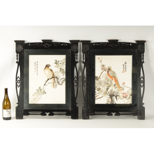 140 - A PAIR OF LATE 19TH CENTURY CHINESE SILK EMBROIDERED PICTURES depicting birds in flowering branchwor... 