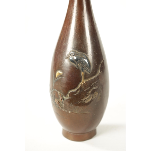 144 - A FINE JAPANESE MEIJI PERIOD BRONZE AND MIXED METAL SLENDER OVOID VASE WITH ONLAID BIRD DECORATION d... 