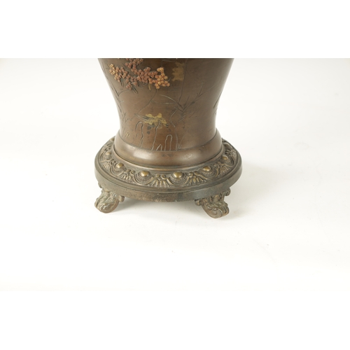 147 - A JAPANESE MEIJI PERIOD BRONZE MIXED METAL LAMP BASE decorated with birds amongst blossoming trees. ... 