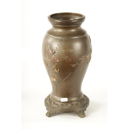 147 - A JAPANESE MEIJI PERIOD BRONZE MIXED METAL LAMP BASE decorated with birds amongst blossoming trees. ... 