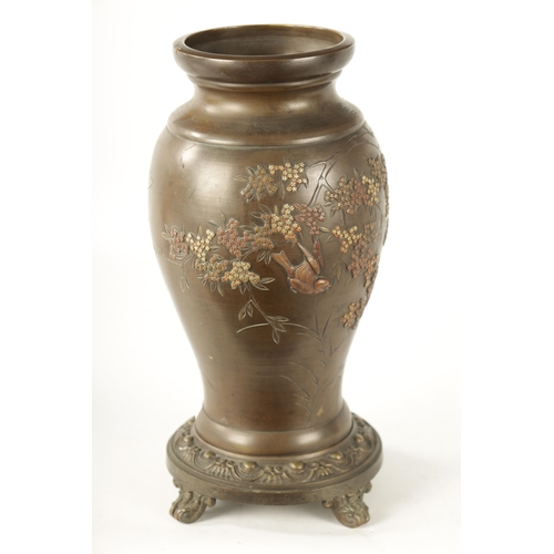 147 - A JAPANESE MEIJI PERIOD BRONZE MIXED METAL LAMP BASE decorated with birds amongst blossoming trees. ... 