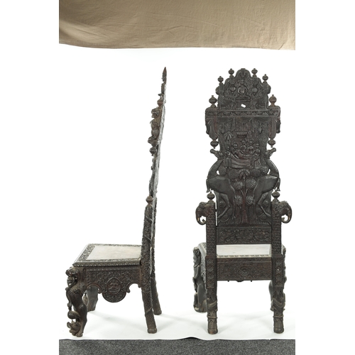 155 - AN IMPRESSIVE MATCHED PAIR OF 19TH CENTURY ANGLO INDIAN HARDWOOD SIDE CHAIRS with profusely carved d... 