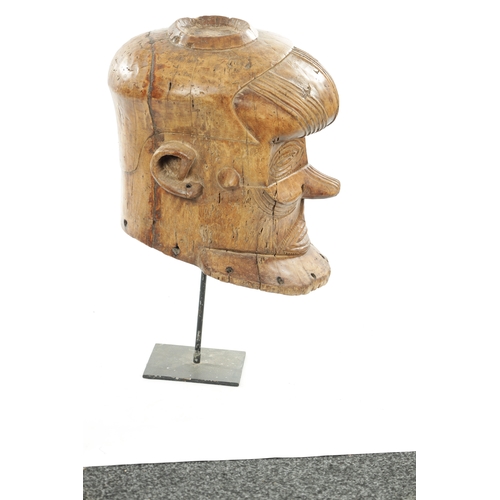 158 - A 19TH CENTURY KUBA BUSHOONG BWOOM CARVED WOODEN MASK standing on a later metal mount (42cm high )