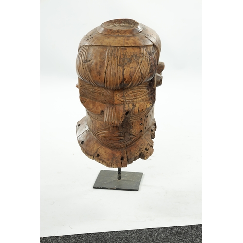 158 - A 19TH CENTURY KUBA BUSHOONG BWOOM CARVED WOODEN MASK standing on a later metal mount (42cm high )