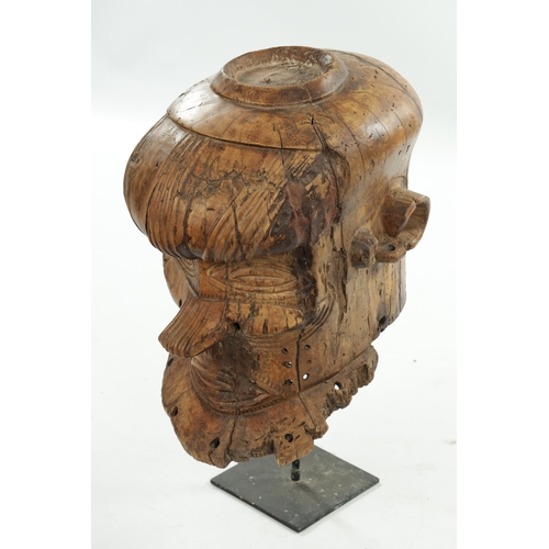 158 - A 19TH CENTURY KUBA BUSHOONG BWOOM CARVED WOODEN MASK standing on a later metal mount (42cm high )