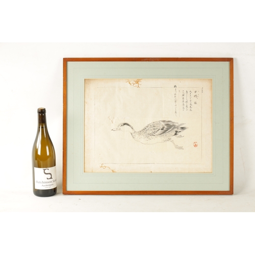 161 - A 19TH CENTURY JAPANESE MONOCHROME PAINTING OF A GOOSE signed and with inscribed panel, mounted and ... 