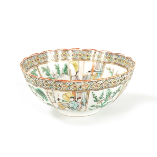 162 - A 19TH CENTURY FAMILLE VERTE CHINESE SCALLOPED EDGE BOWL with figural and branchwork panelled decora... 