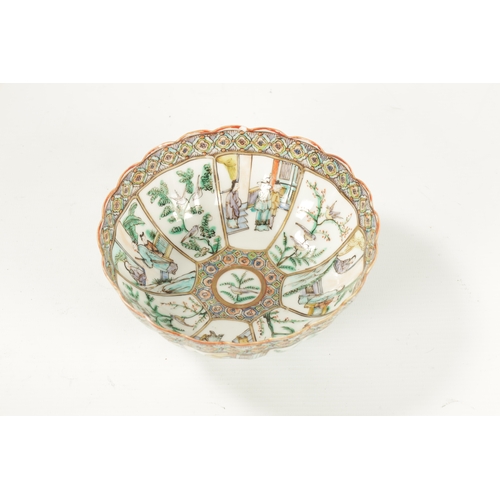 162 - A 19TH CENTURY FAMILLE VERTE CHINESE SCALLOPED EDGE BOWL with figural and branchwork panelled decora... 