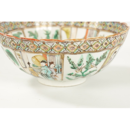 162 - A 19TH CENTURY FAMILLE VERTE CHINESE SCALLOPED EDGE BOWL with figural and branchwork panelled decora... 