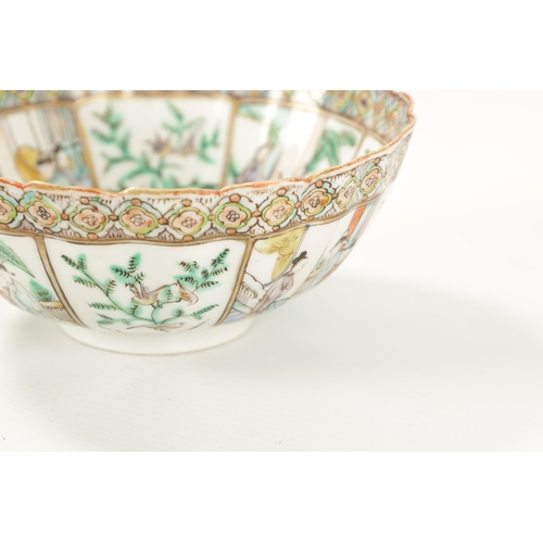 162 - A 19TH CENTURY FAMILLE VERTE CHINESE SCALLOPED EDGE BOWL with figural and branchwork panelled decora... 