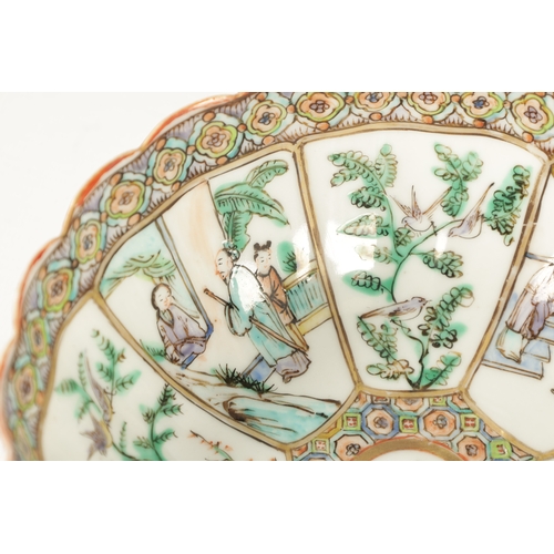 162 - A 19TH CENTURY FAMILLE VERTE CHINESE SCALLOPED EDGE BOWL with figural and branchwork panelled decora... 