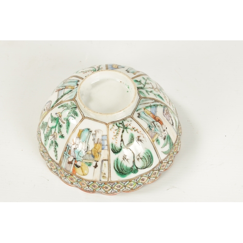 162 - A 19TH CENTURY FAMILLE VERTE CHINESE SCALLOPED EDGE BOWL with figural and branchwork panelled decora... 