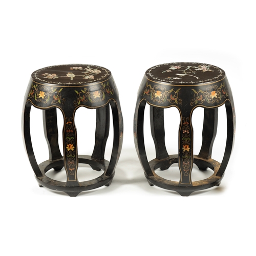 163 - A PAIR OF LATE 19TH CENTURY CHINESE LACQUERWORK AND MOTHER OF PEARL INLAID GARDEN SEATS the floral b... 