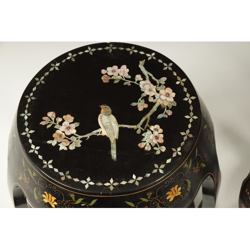 163 - A PAIR OF LATE 19TH CENTURY CHINESE LACQUERWORK AND MOTHER OF PEARL INLAID GARDEN SEATS the floral b... 