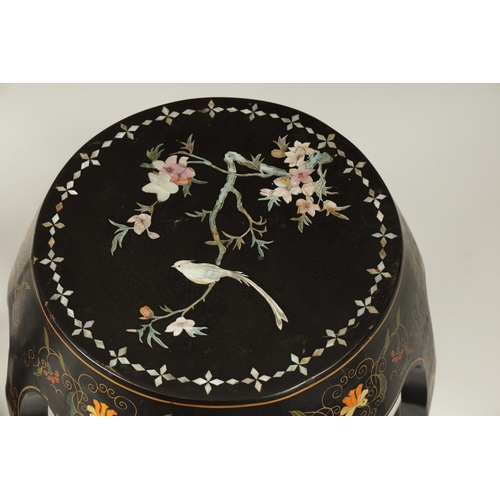 163 - A PAIR OF LATE 19TH CENTURY CHINESE LACQUERWORK AND MOTHER OF PEARL INLAID GARDEN SEATS the floral b... 