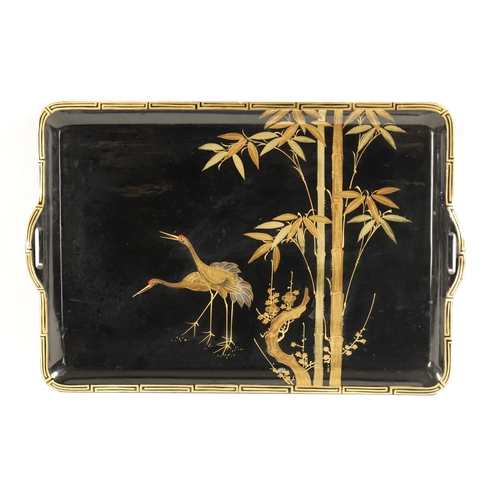 169 - A LATE 19TH CENTURY JAPANESE LACQUERWORK TRAY with gilt work decoration depicting two cranes under b... 