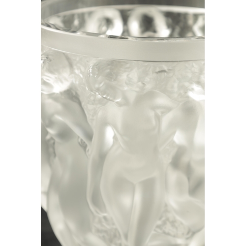 17 - A 20TH CENTURY LALIQUE BACCHANTES FROSTED GLASS VASE decorated with continuous relief moulded decora... 