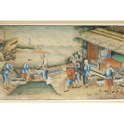 171 - A FINE EARLY 19TH CHINESE WATERCOLOUR depicting a tea factory with numerous figures in a landscape -... 