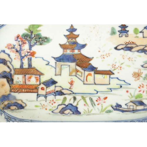 175 - AN 18TH CENTURY CANTONESE SMALL PLATE of canted rectangular form, decorated pagodas and figures in g... 