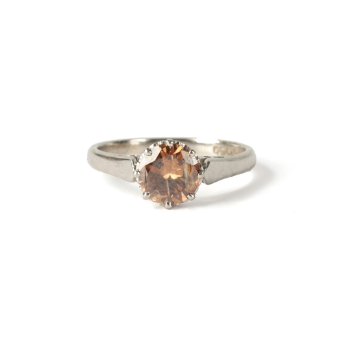 183 - A 1.14ct BRILLIANT CUT COGNAC AND 18CT WHITE GOLD SOLITAIRE RING, with crown setting and plain shank... 