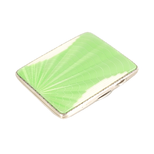 186 - AN ART DECO SILVER AND GUILLOCHE ENAMEL CIGARETTE CASE with green sunburst ray and overall wave patt... 