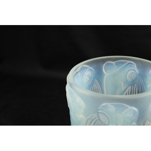 19 - AN R. LALIQUE OPALESCENT BLUE STAINED 'DANAIDES' TAPERING GLASS VASE moulded with female figures pou... 