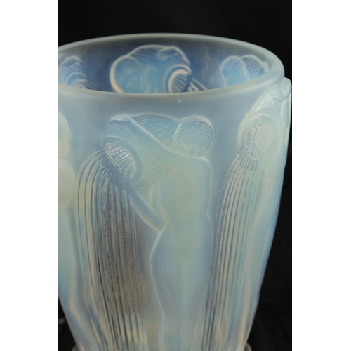 19 - AN R. LALIQUE OPALESCENT BLUE STAINED 'DANAIDES' TAPERING GLASS VASE moulded with female figures pou... 