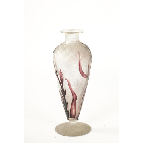 2 - AN EARLY 20TH CENTURY DAUM NANCY SHOULDERED TAPERING CAMEO AND WHEEL-CARVED FROSTED GLASS VASE with ... 