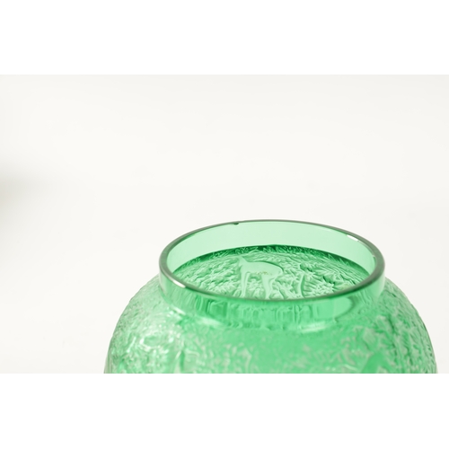 20 - A LALIQUE FROSTED EMERALD GREEN ‘BICHES’ VASE with opalescent finish decorated with deer amongst fol... 