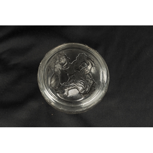 21 - A RENE LALIQUE CLEAR AND GREY STAINED SMALL GLASS POWDER BOX 'L'ORIGAN' the lid with two entwined fi... 