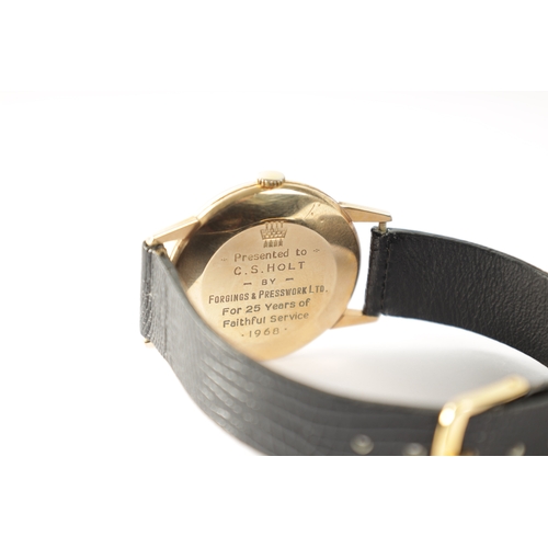 215 - A 1960'S GENTLEMAN'S 9CT GOLD GIRARD PERREGAUX WRISTWATCH on black leather strap, the gold case with... 