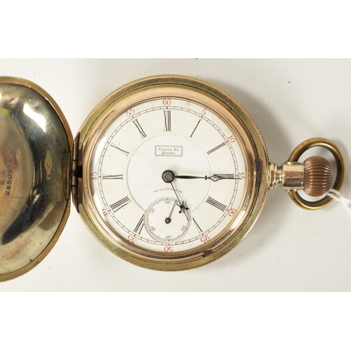 216 - A 14K GOLD PLATED WALTHAM ‘SANTA FE ROUTE’ FULL HUNTER POCKET WATCH with engraved case and sprung co... 