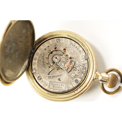 216 - A 14K GOLD PLATED WALTHAM ‘SANTA FE ROUTE’ FULL HUNTER POCKET WATCH with engraved case and sprung co... 