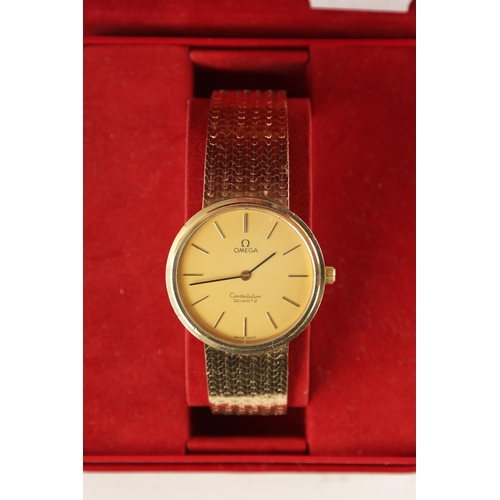 219 - AN 9CT GOLD OMEGA CONSTELLATION QUARTZ WRISTWATCH ON A MILANESE STYLE BRACELET WITH LADDER CLASP wit... 